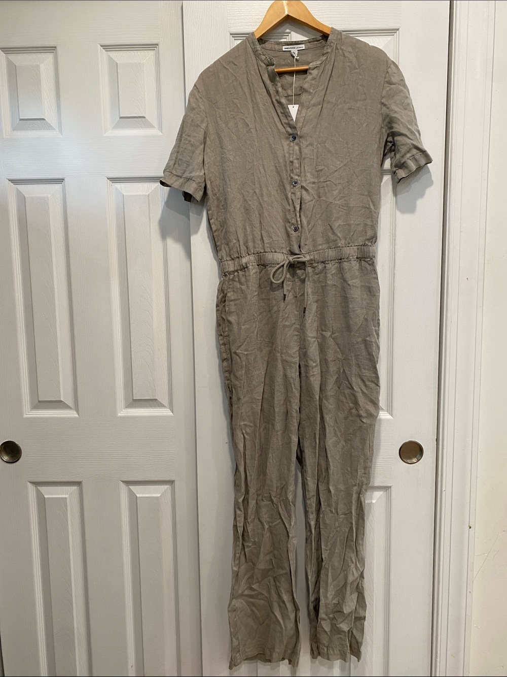 James Perse Short-Sleeve Linen Jumpsuit in Taupe